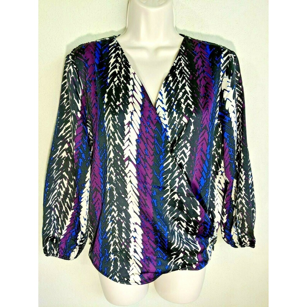 MARC NEW YORK Black Purple Blue Print Faux Wrap Blouse Hi Low Hem Size Small NWT